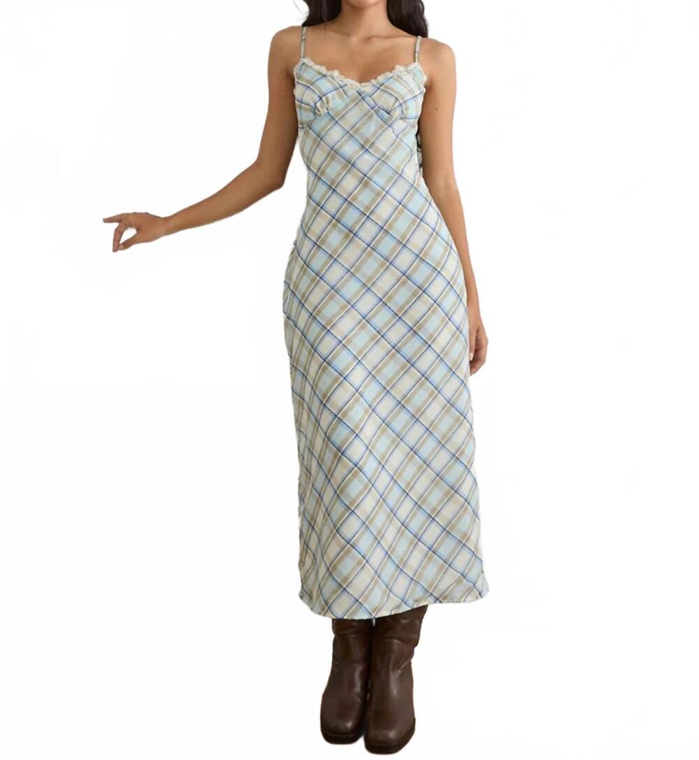 NEW MOTEL ROCKS naska maxi dress in chiffon vintage blue check